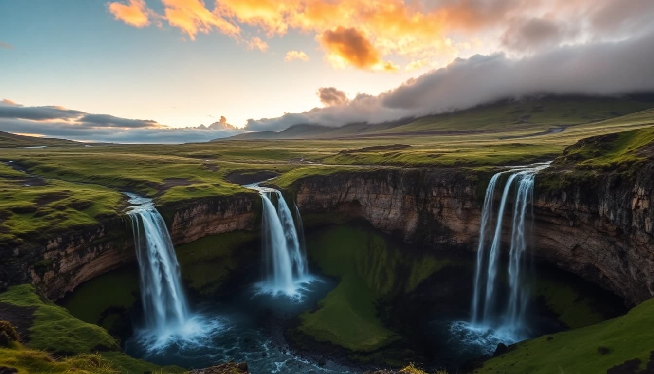Entdecke die Schönheit einer Reise nach Island mit majestätischen Wasserfällen und tanzenden Nordlichtern in der Hintergrundlandschaft.