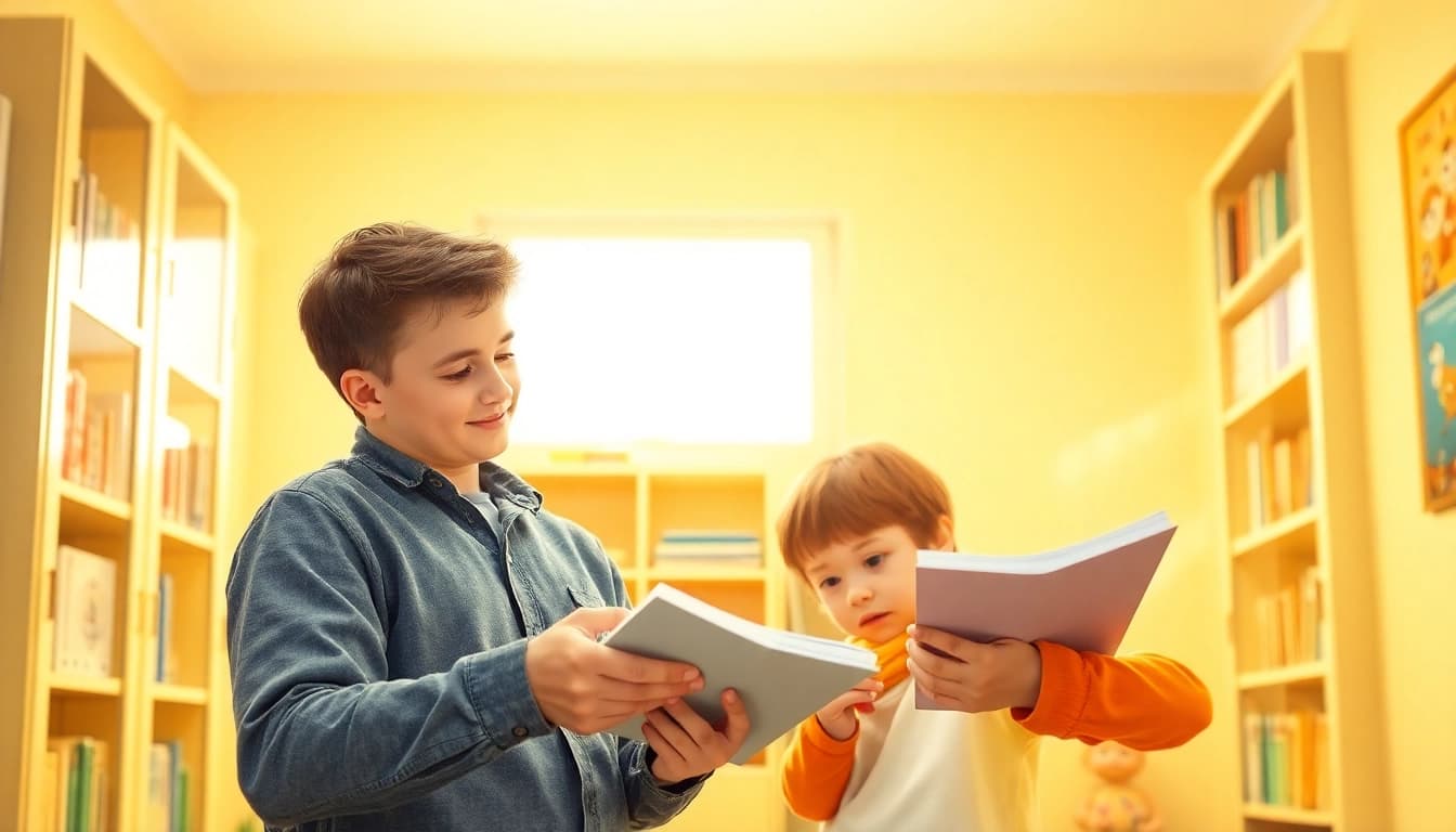 Ein Vater erklärt seinem Kind den Heimunterricht in einem einladenden, lichtdurchfluteten Raum, während Bücher und Lernmaterialien im Hintergrund zu sehen sind.