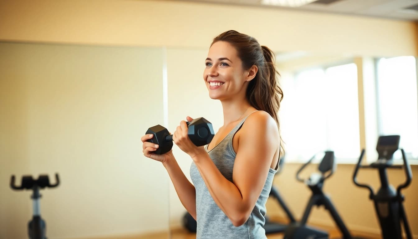 Frau hebt Gewichte im Fitnessstudio, symbolisiert positiven Gewichtsverlust.