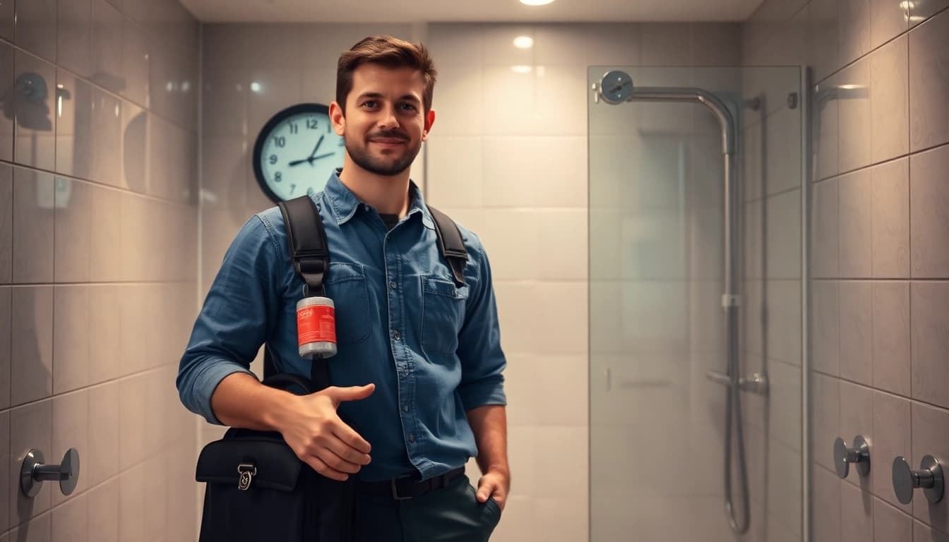 Professioneller Klempner bei der Arbeit im Sanitär Notdienst in der Nacht, der schnell Hilfe leistet.