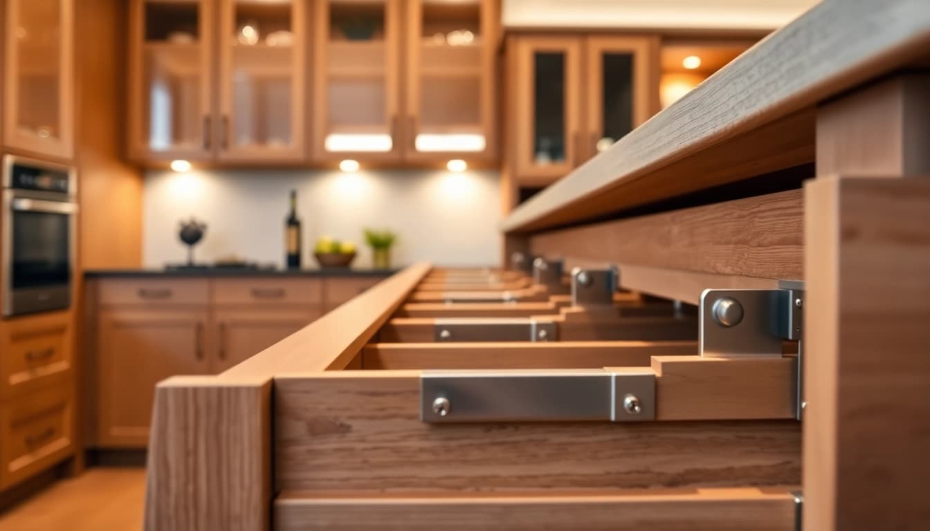 Verlässlicher Drawer Slides Supplier zeigt hochwertige Schubladenauszüge in einer modernen Kücheneinrichtung.