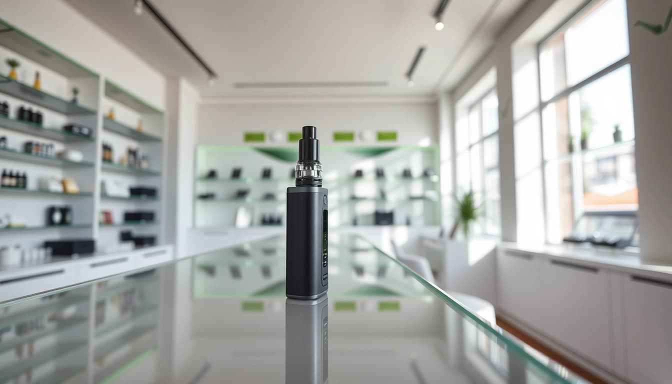 Das HQD Surv Vape Produkt prominent in einem modernen Vape Store ausgestellt.