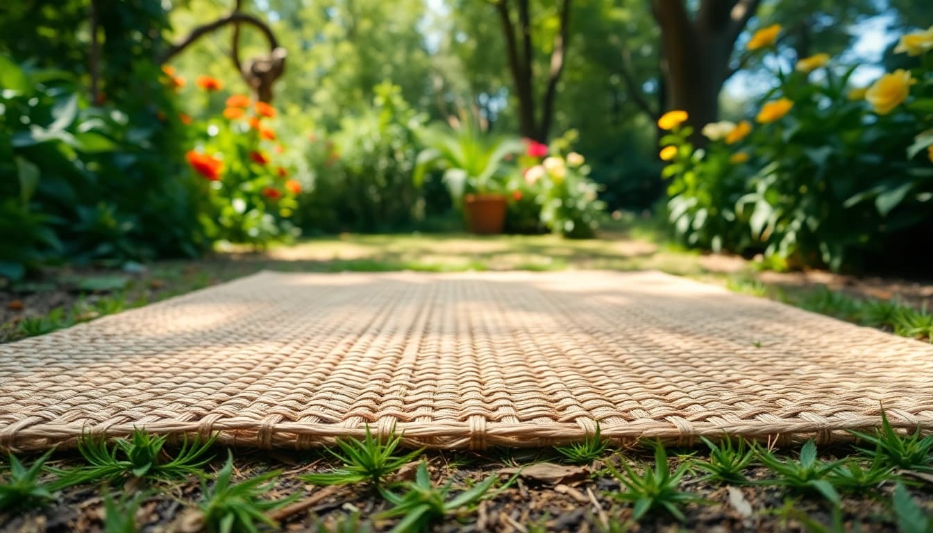 Hanfmatte in einem entspannten Gartenambiente mit umgebenden Pflanzen und natürlichem Licht.