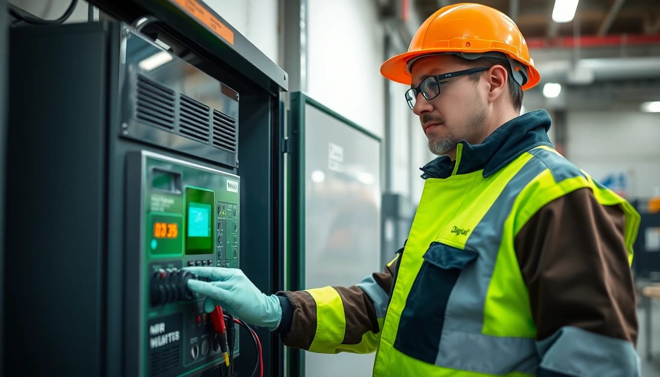 Techniker führt eine DGUV V3 Prüfung an einem elektrischen Gerät durch, Sicherheit und Präzision im Fokus.