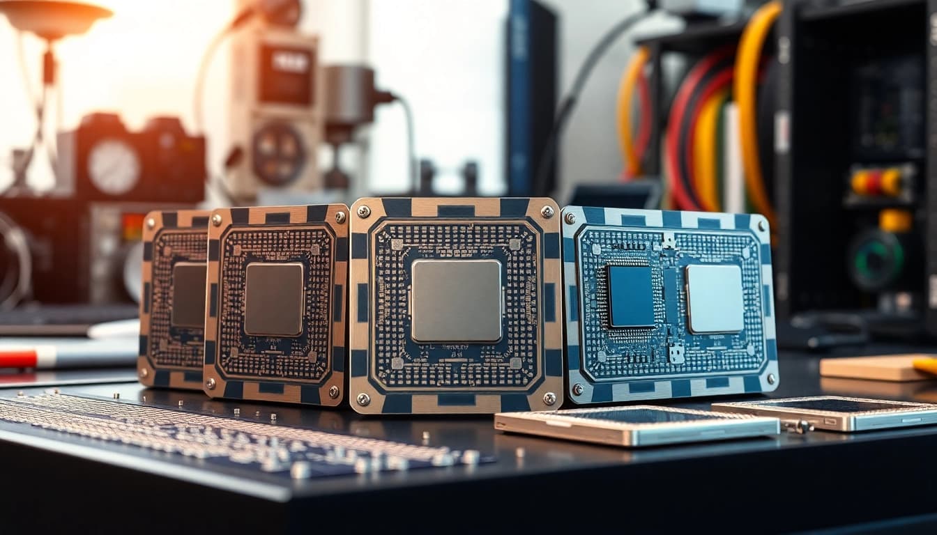 Prozessor Vergleich in einer modernen High-Tech-Umgebung mit glänzenden Oberflächen.