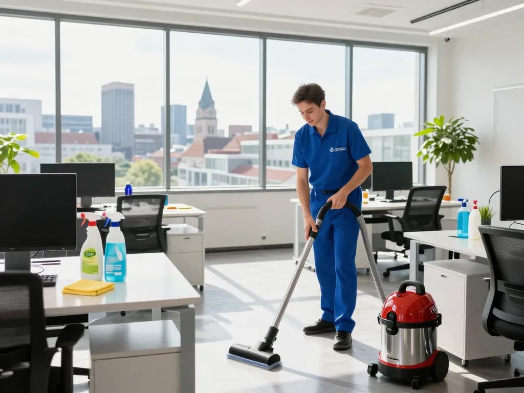 Professioneller Reinigungskraft führt Gebäudereinigung im Raum Münster in einem Büro mit hellem Tageslicht durch.