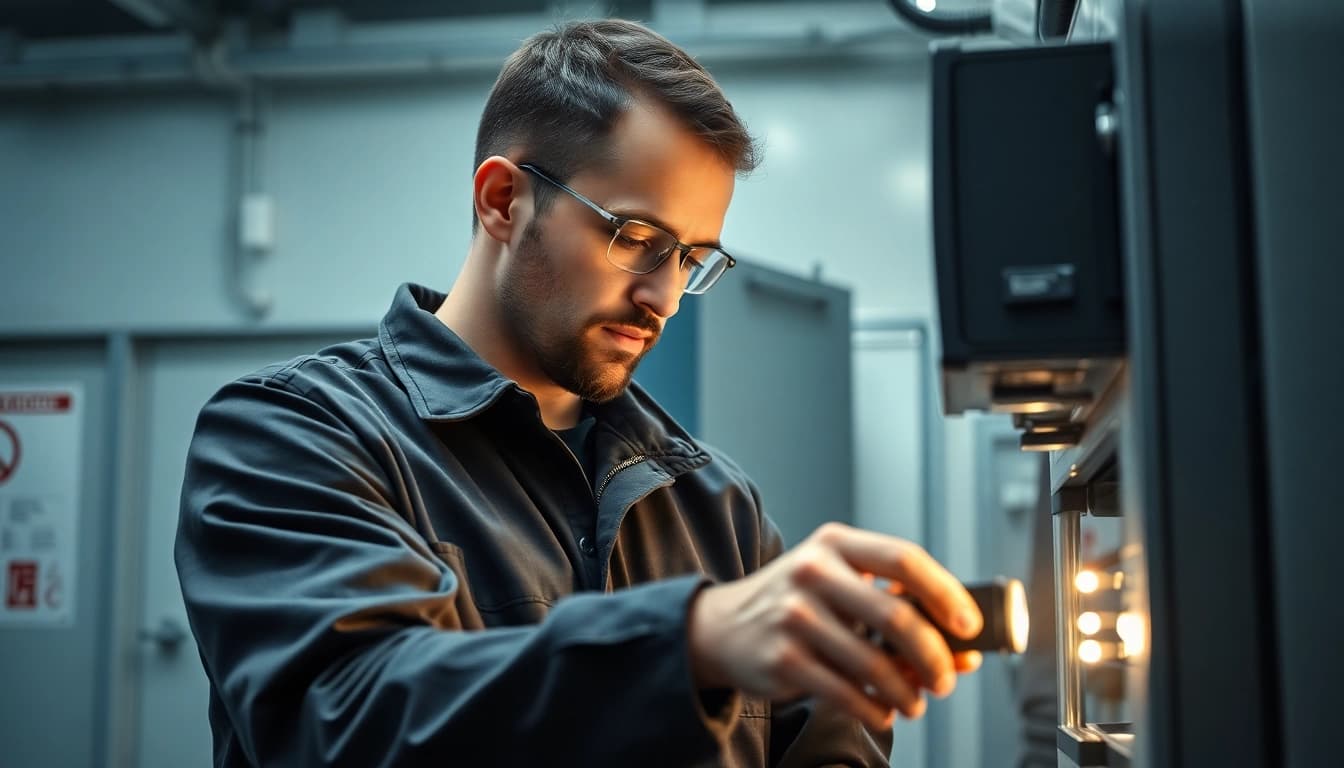 Techniker führt Prüfung durch: Check elektrischer Geräte auf Sicherheit