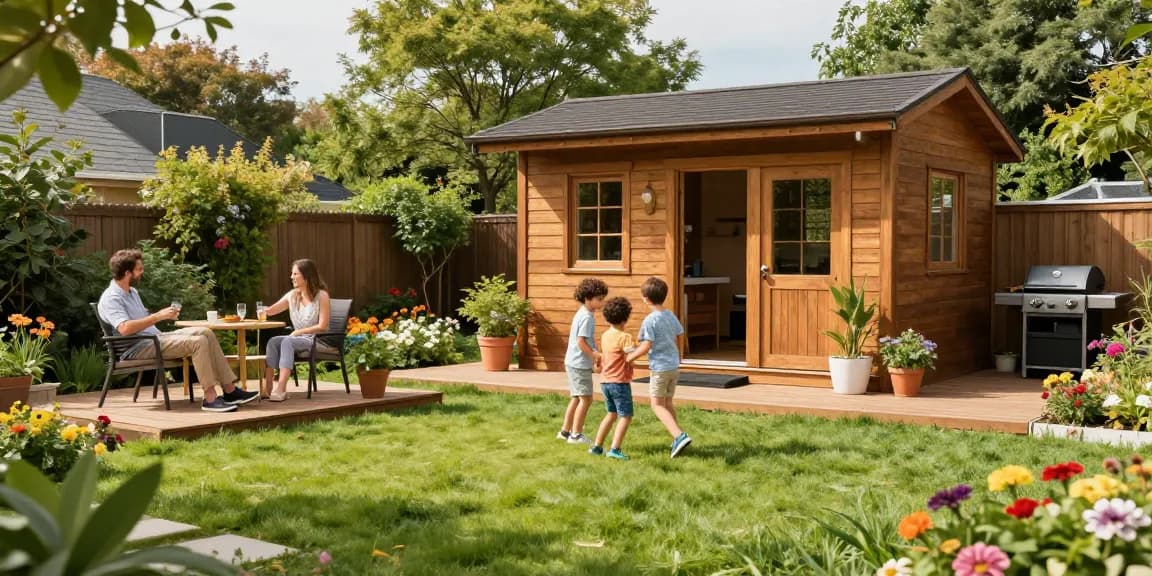Gartenhaus kaufen für die ganze Familie - Kinder spielen vor dem neuen Gartenhaus, während Eltern entspannen.