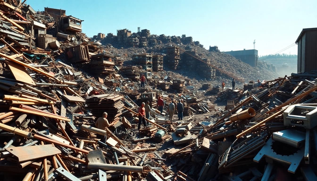 Schrotthändler Remscheid operating in a busy scrap yard, sorting recyclable metals with attention.