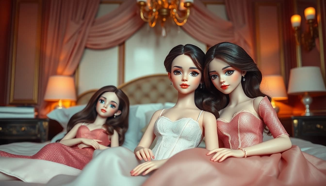 Verführerische Love Dolls in einer luxuriösen Schlafzimmerumgebung mit eleganten Details.