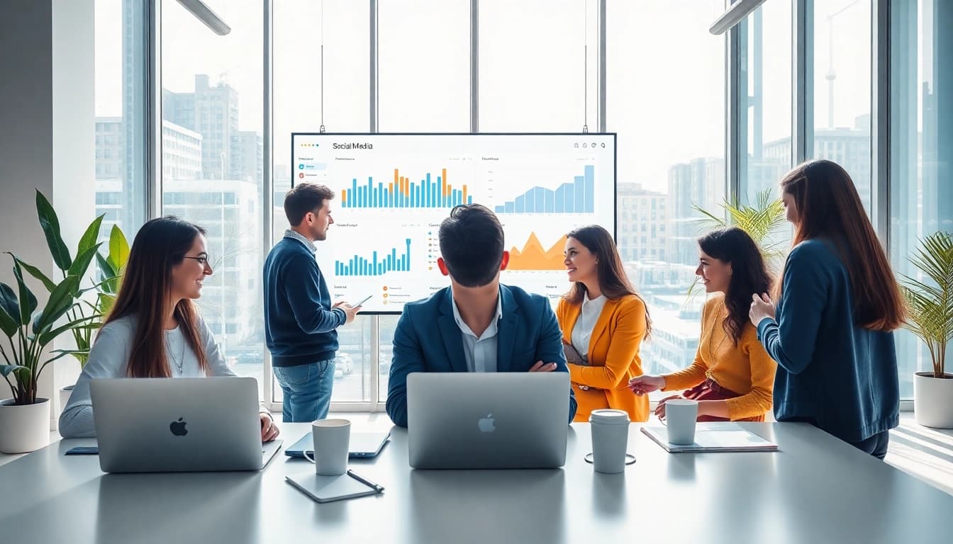Dynamic teamwork in a social media agency workspace showcasing creativity and analytics.