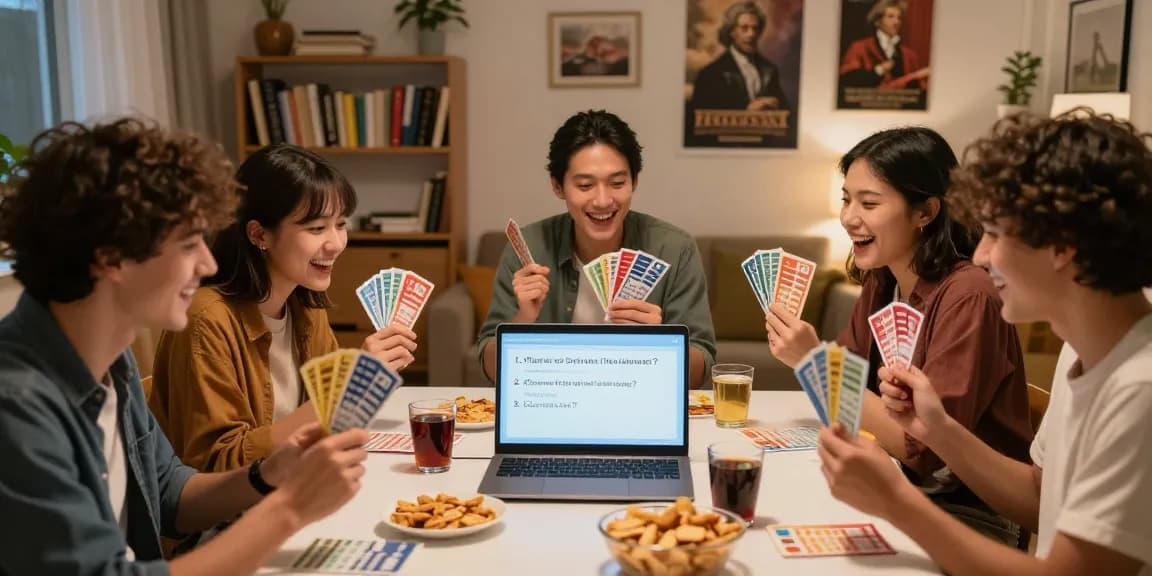 Freunde testen ihr Quiz Allgemeinwissen in einer gemütlichen Runde mit Snacks und Drinks.