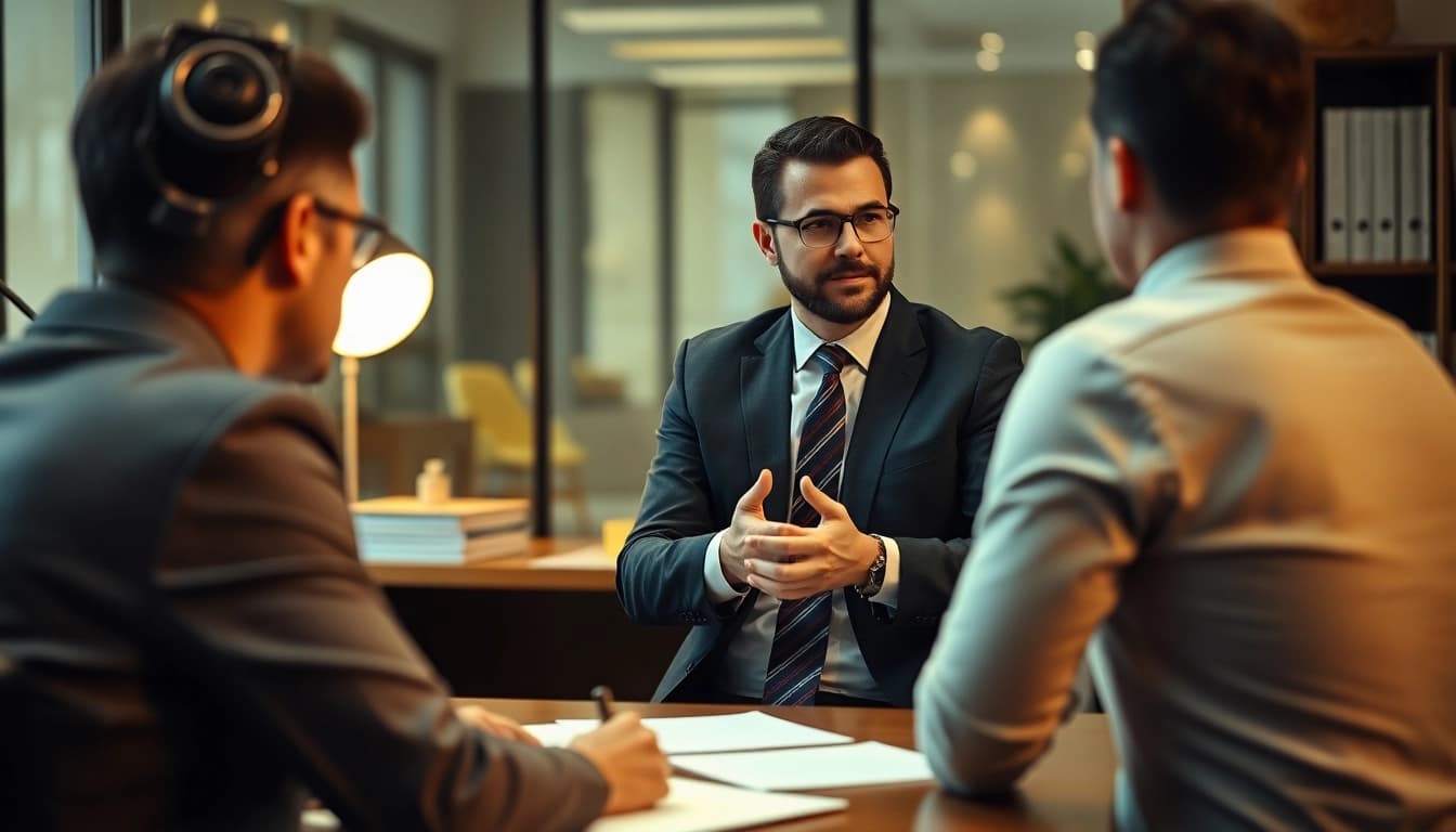 Headhunter führt ein detailliertes Gespräch mit einem Kandidaten in einem modernen Büro.