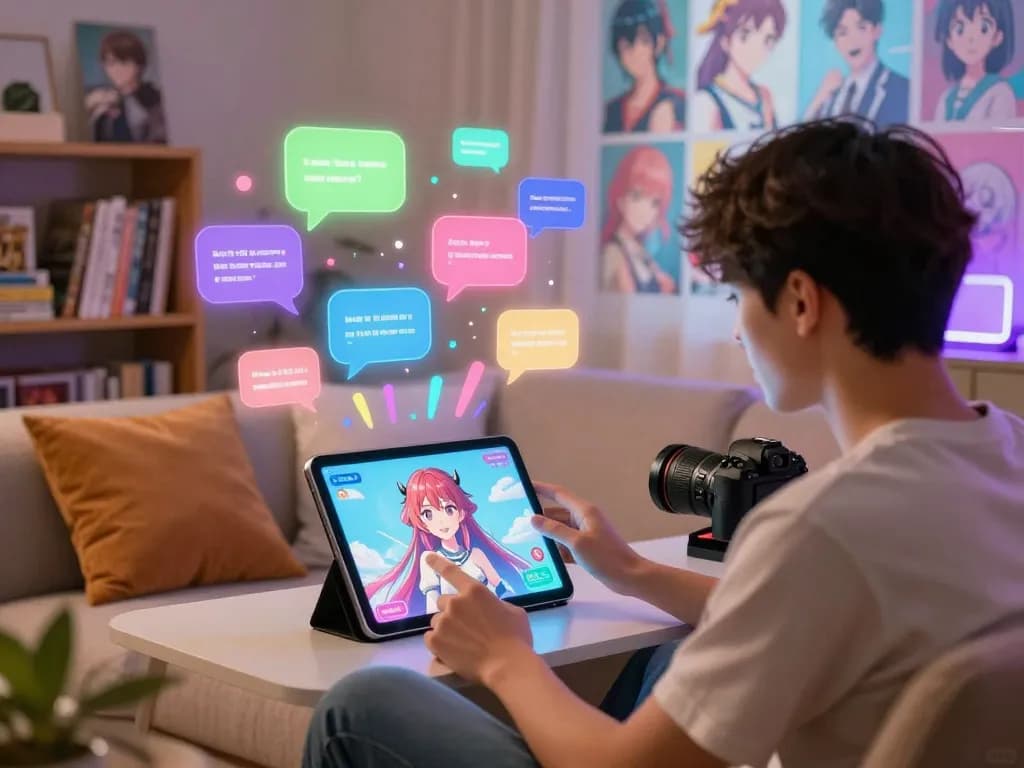 Engaging hentai ai chat interaction with a lifelike anime character in a cozy digital room