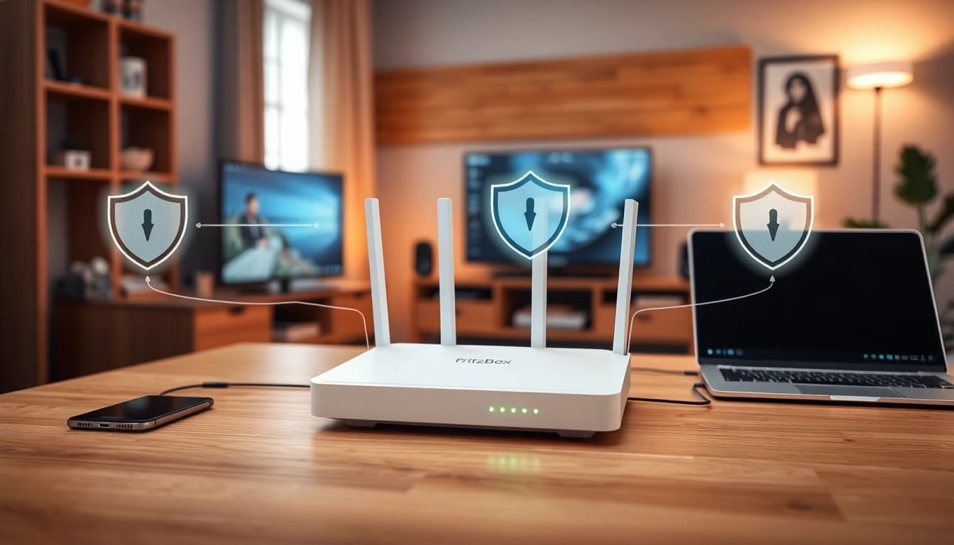 Showcasing a FRITZ!Box router with devices emphasizing nordvpn fritzbox security and connectivity in a modern home office.
