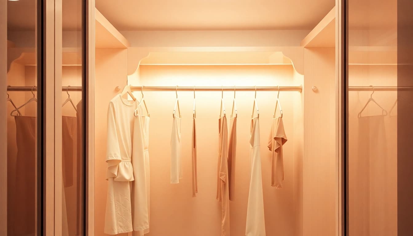 Kunststoff kleiderbügel strategisch angeordnet in einer stilvollen Garderobe mit minimalistischer Ästhetik.