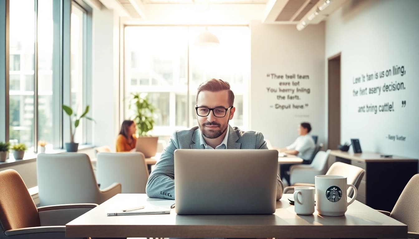 Headhunter Gastronomie im modernen Büro, umgeben von Gastronomie-Materialien