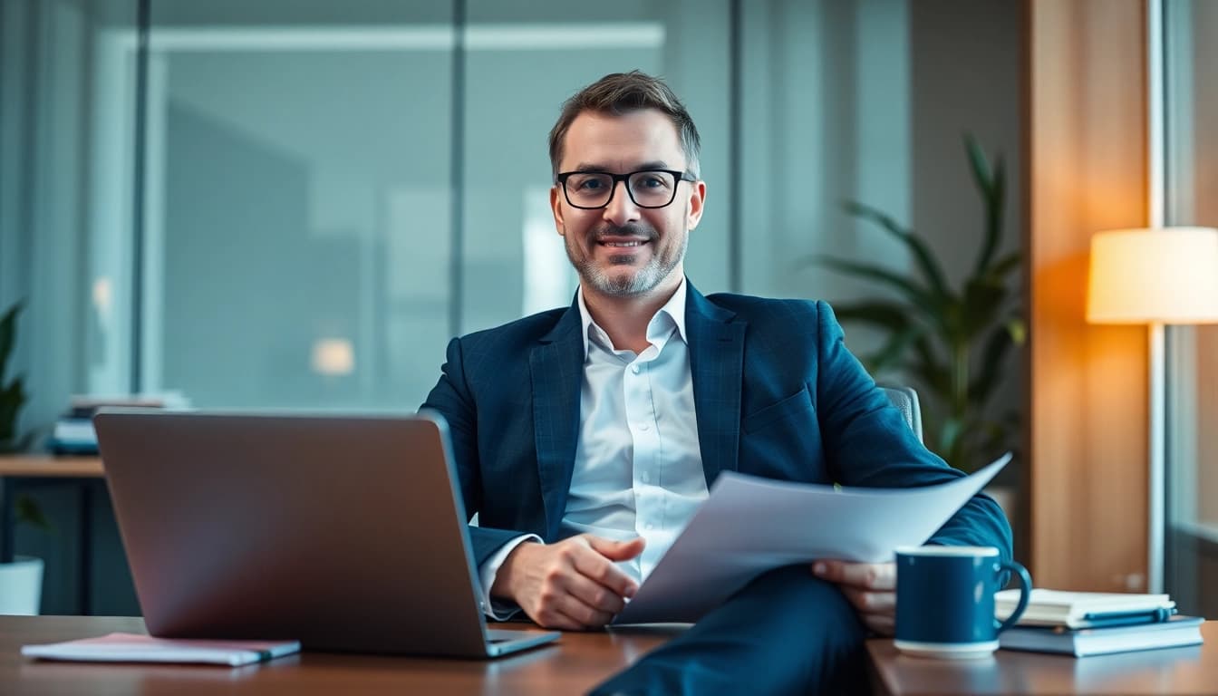Erfahrener Headhunter Führungskräfte berät in modernem Büro mit Unterlagen.