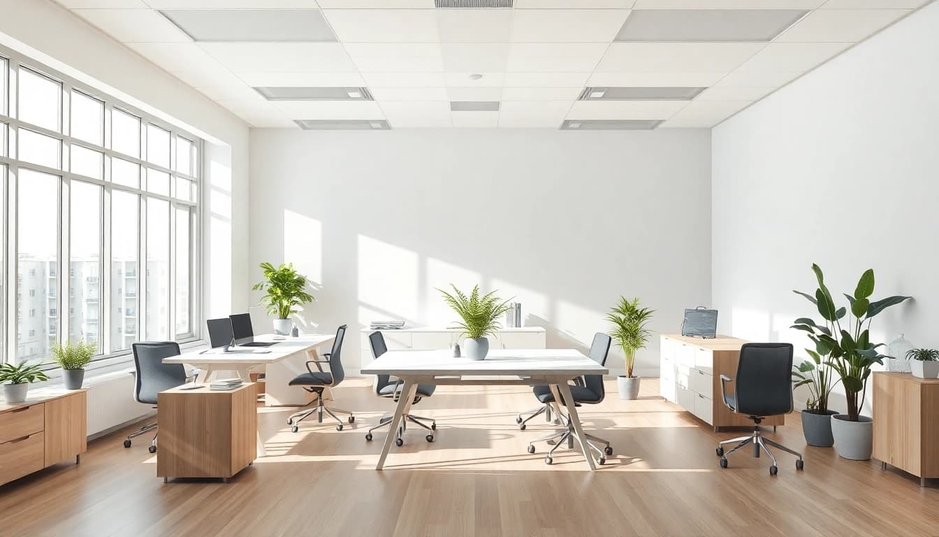 Moderne Büromöbel in einem hellen, ergonomischen Büro, das eine einladende und produktive Atmosphäre schafft.