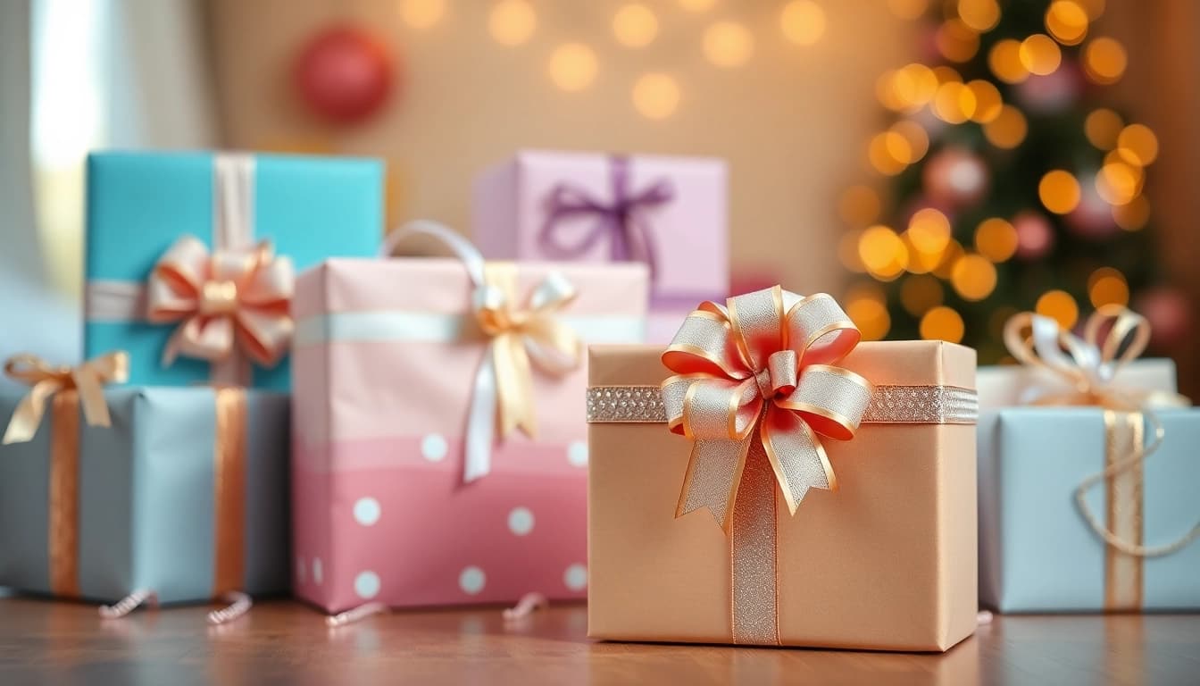 Geschenk-Inspiration auf einem liebevoll dekorierten Tisch mit festlich verpackten Geschenken.