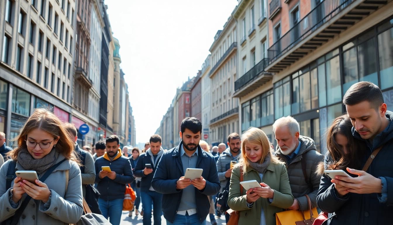 Erkunden Sie Internationale Nachrichten in einem lebendigen Stadtbild mit Menschen, die den globalen Austausch darstellen.