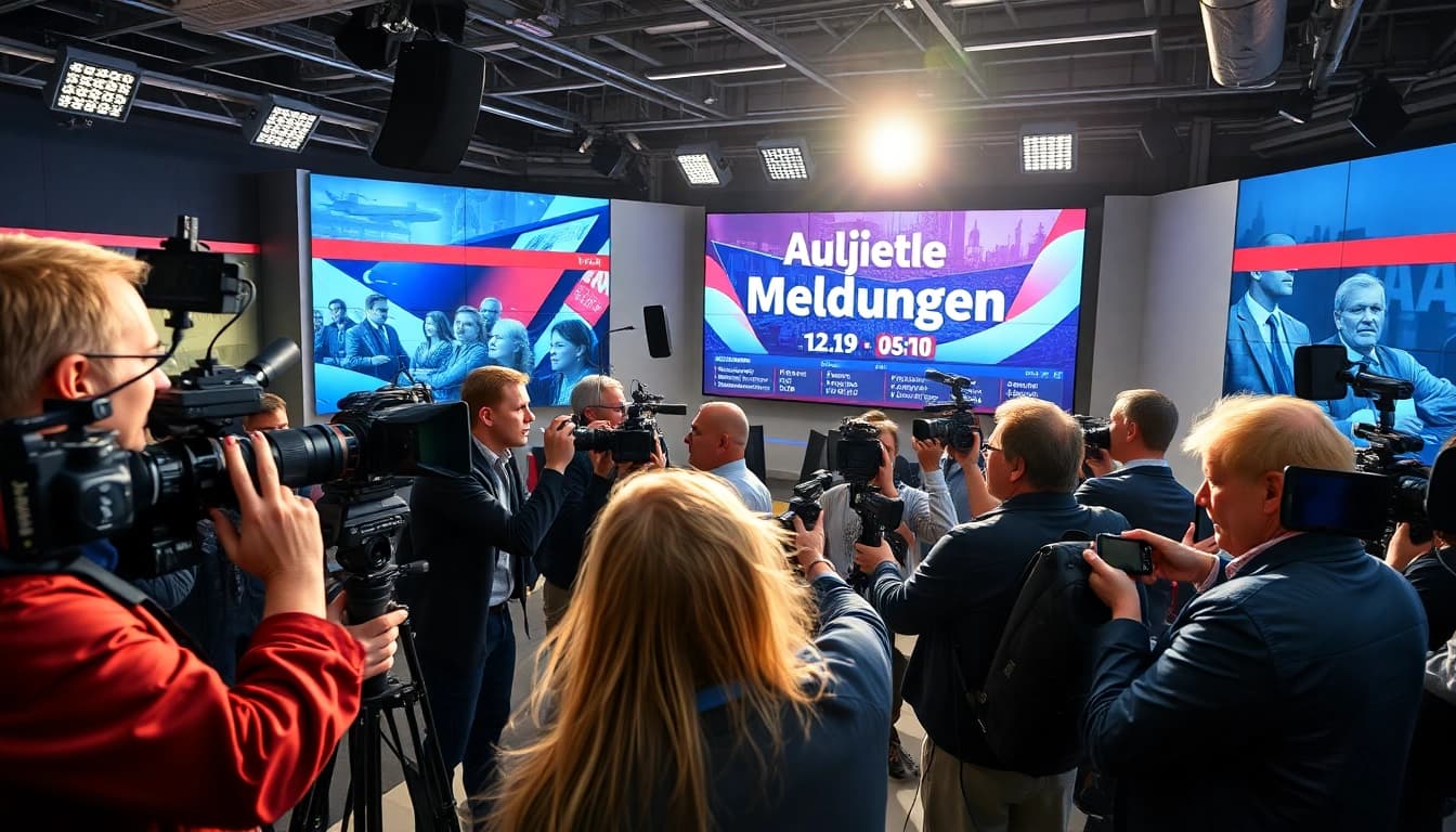Aktuelle Meldungen in einem dynamischen Nachrichtenbüro mit Journalisten in Aktion.