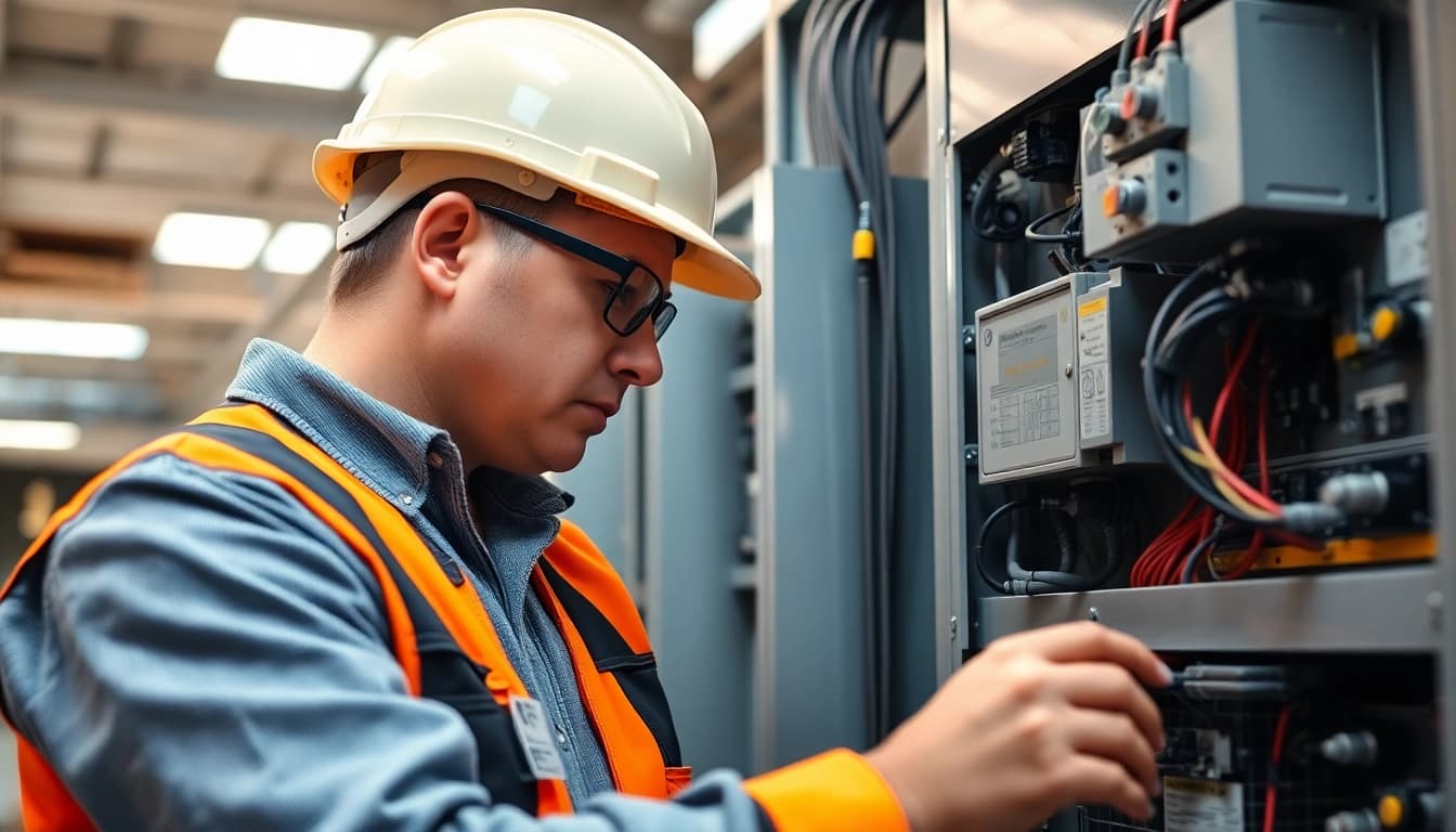 Technician performing a DGUV V3 Prüfung on electrical equipment, showcasing safety measures in the workplace.