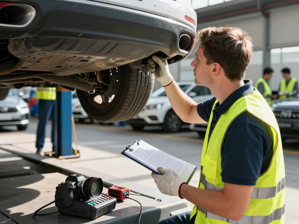 Experte kfz Gutachter inspiziert das Untergestell eines Fahrzeugs mit Diagnosetools in einer professionellen Werkstatt.