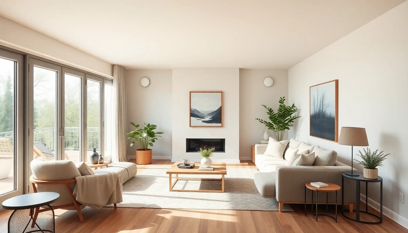 Moderne Raumgestaltung mit lichtdurchflutetem Wohnzimmer und minimalistischen Möbeln.
