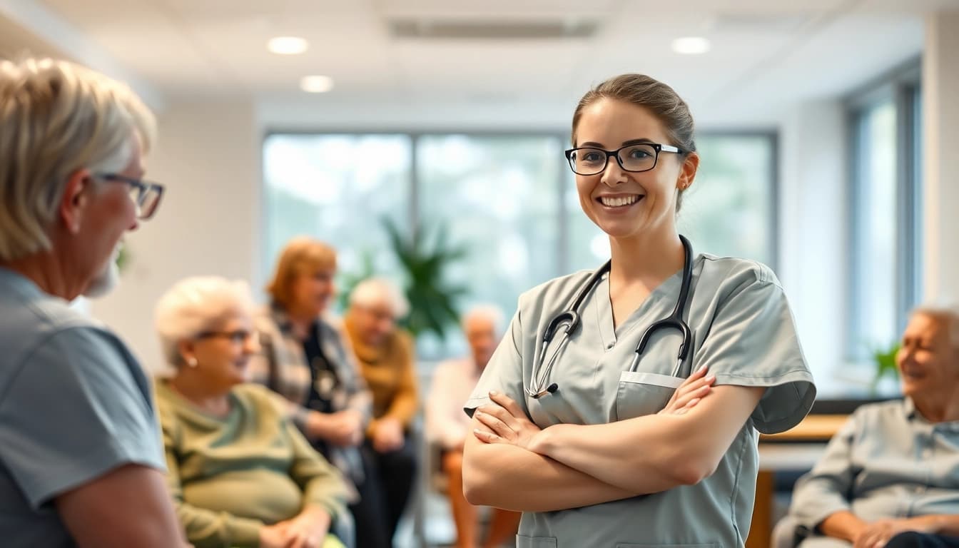 Interaktive Pflegefachkraft Hameln, die Patienten in einem modernen Pflegeheim freundlich unterstützt.