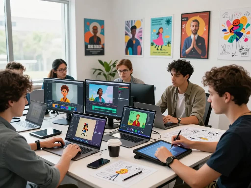 Creative team demonstrating motion control techniques in animation studio with digital devices.