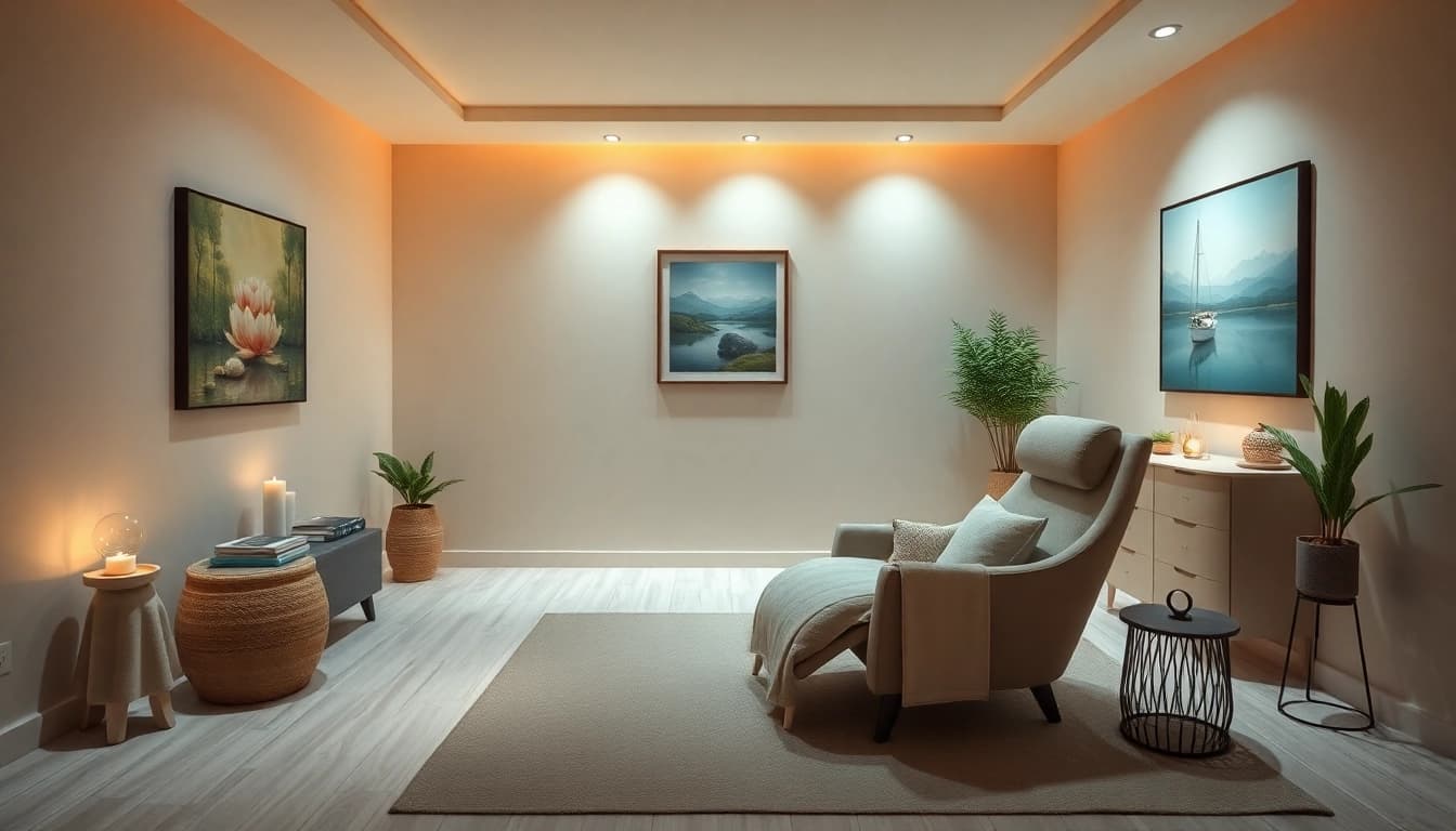 Erleben Sie Hypnose Köln: Beruhigender Therapieraum für Hypnotherapie mit sanften Farben und entspannender Atmosphäre.