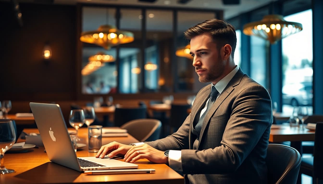 Headhunter Gastronomie interviewt einen Kandidaten in einem eleganten Restaurant, moderne Einrichtung und warmes Licht.