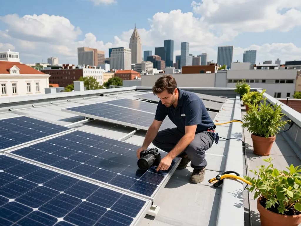 Techniker installiert Photovoltaik Wien Solarpanels auf einem städtischen Dach.