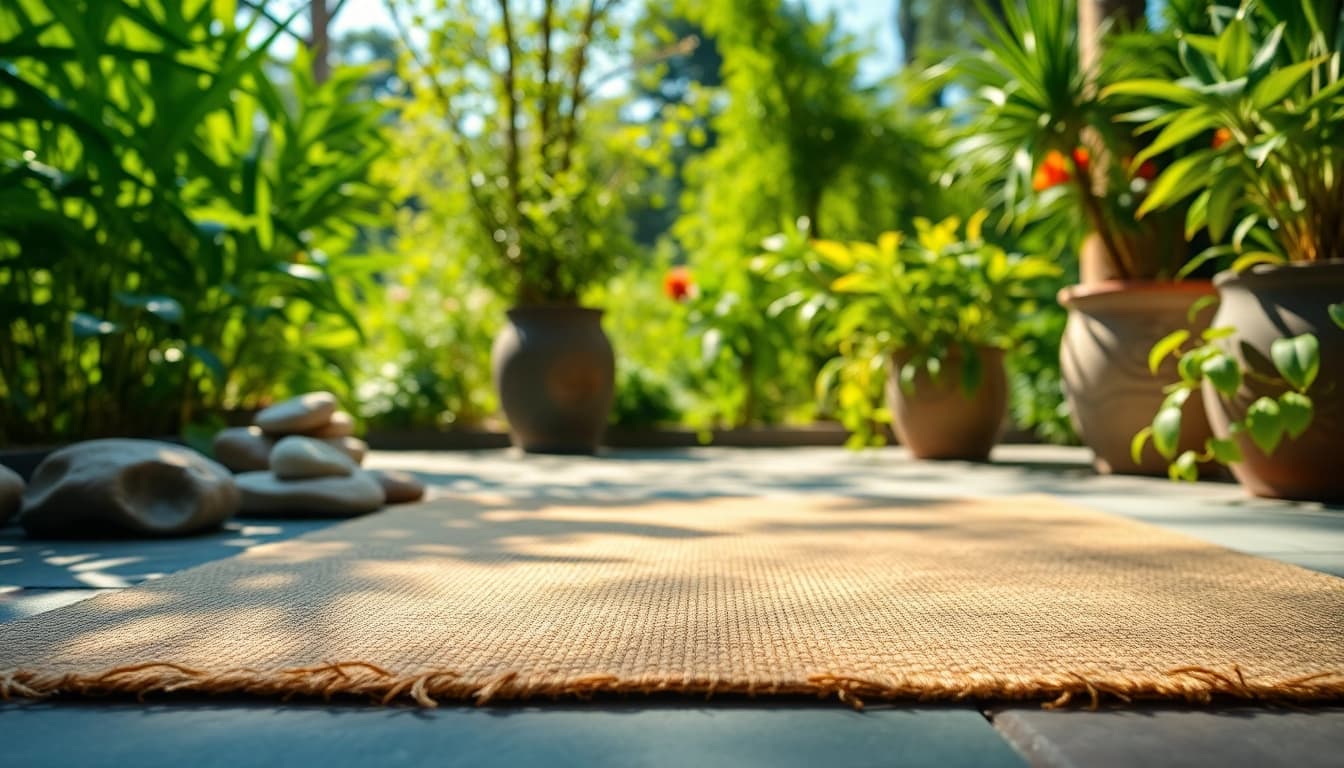 Hanfmatte in einem ruhigen Garten, die Textur und Haltbarkeit unter natürlichem Licht hervorhebend.
