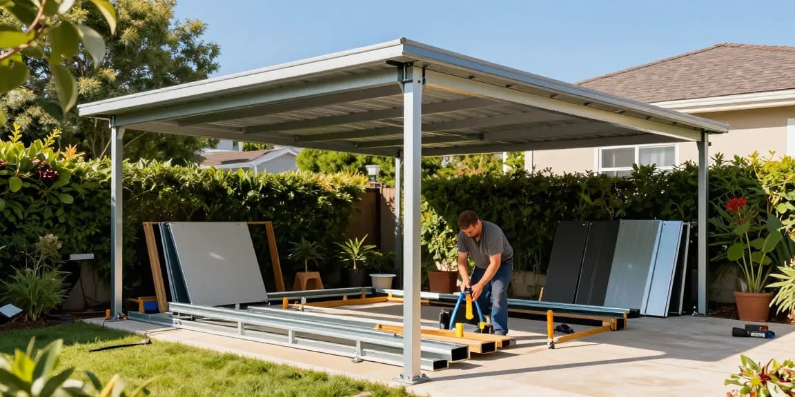 Carport-Installation im Garten mit verschiedenen Baumaterialien und Handwerkern.
