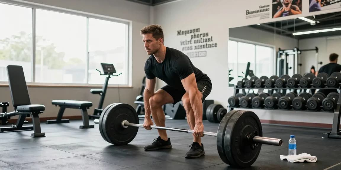 Anabolika Shop: Bodybuilder beim Deadlift mit professioneller Fitnessausrüstung im hellen Fitnessstudio