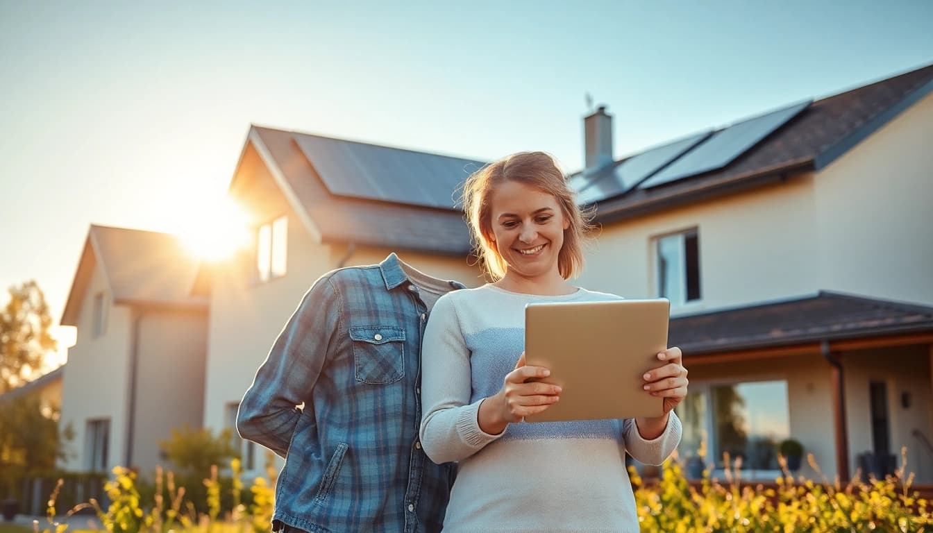 Fotovoltaik kaufen: Modernes Haus mit Solarpanels und glücklichem Paar, das Vorteile der Solarenergie erkundet.