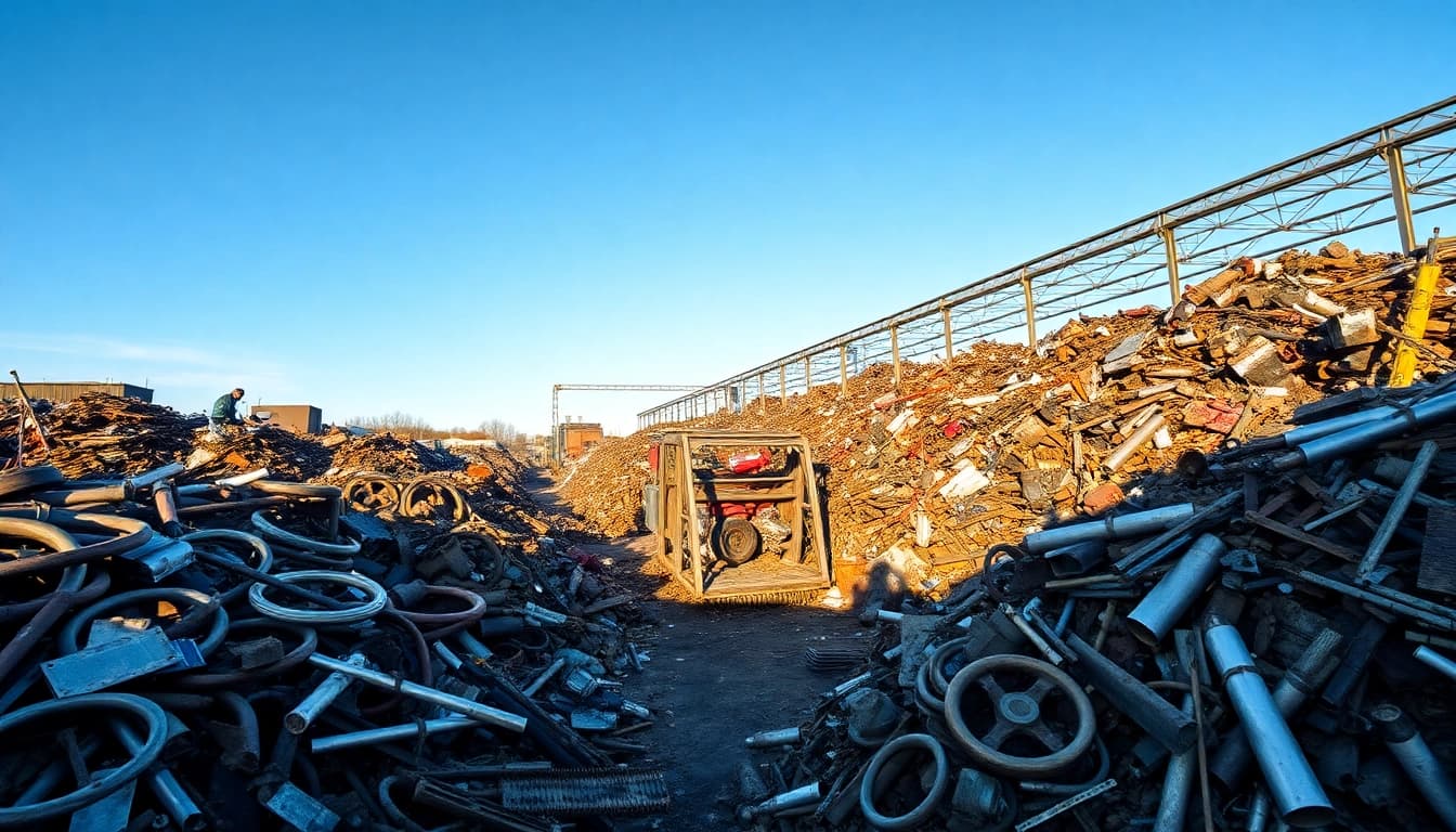 Scrapyard in Remscheid with piles of scrap metals showcasing the Schrottplatz Remscheid's efficiency and variety.