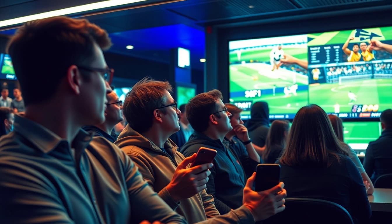 Ein belebtes Wettbüro, in dem Menschen konzentriert wetten ohne lugas auf Bildschirme schauen, die spannende Sportereignisse zeigen.