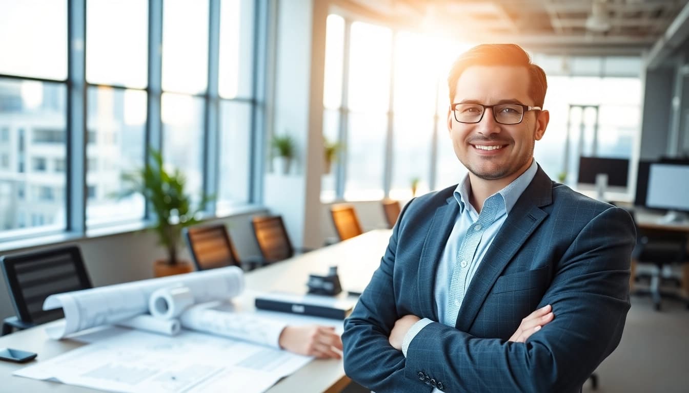 Headhunter Ingenieure bei der Arbeit in einem modernen Büro mit technischen Unterlagen.