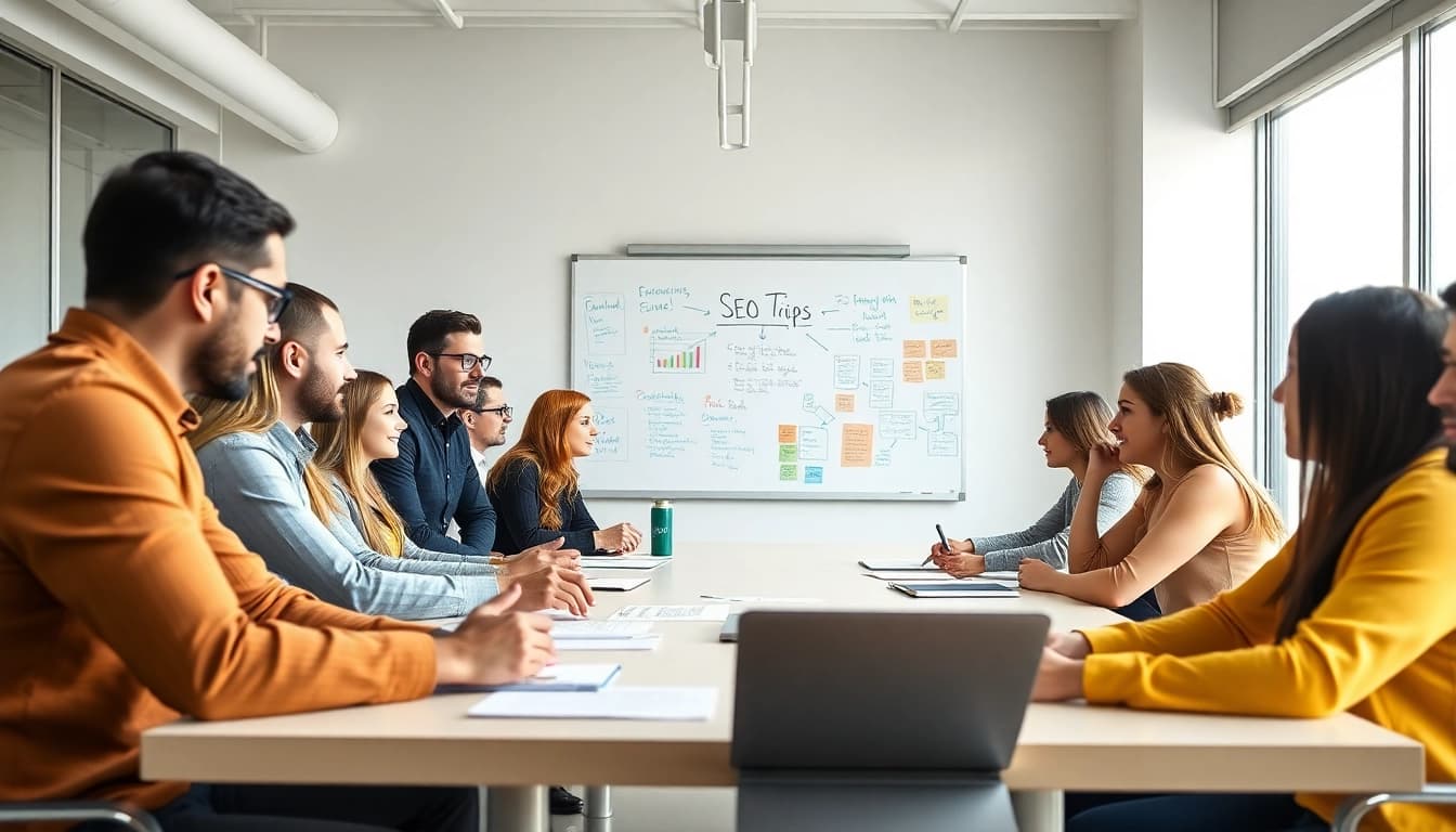 Erfahrene Marketingprofis besprechen SEO Tipps in einem modernen Büro.