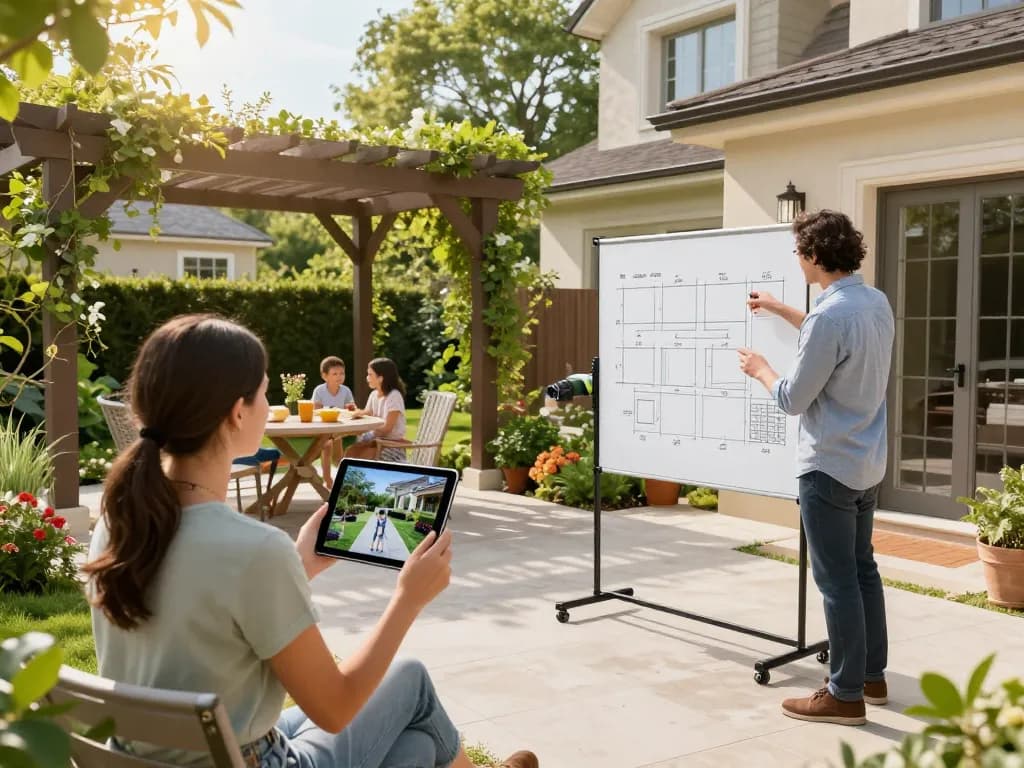 Kunde interagiert mit dem Veranda 3D Konfigurator und visualisiert Designs in einer einladenden Außenumgebung.