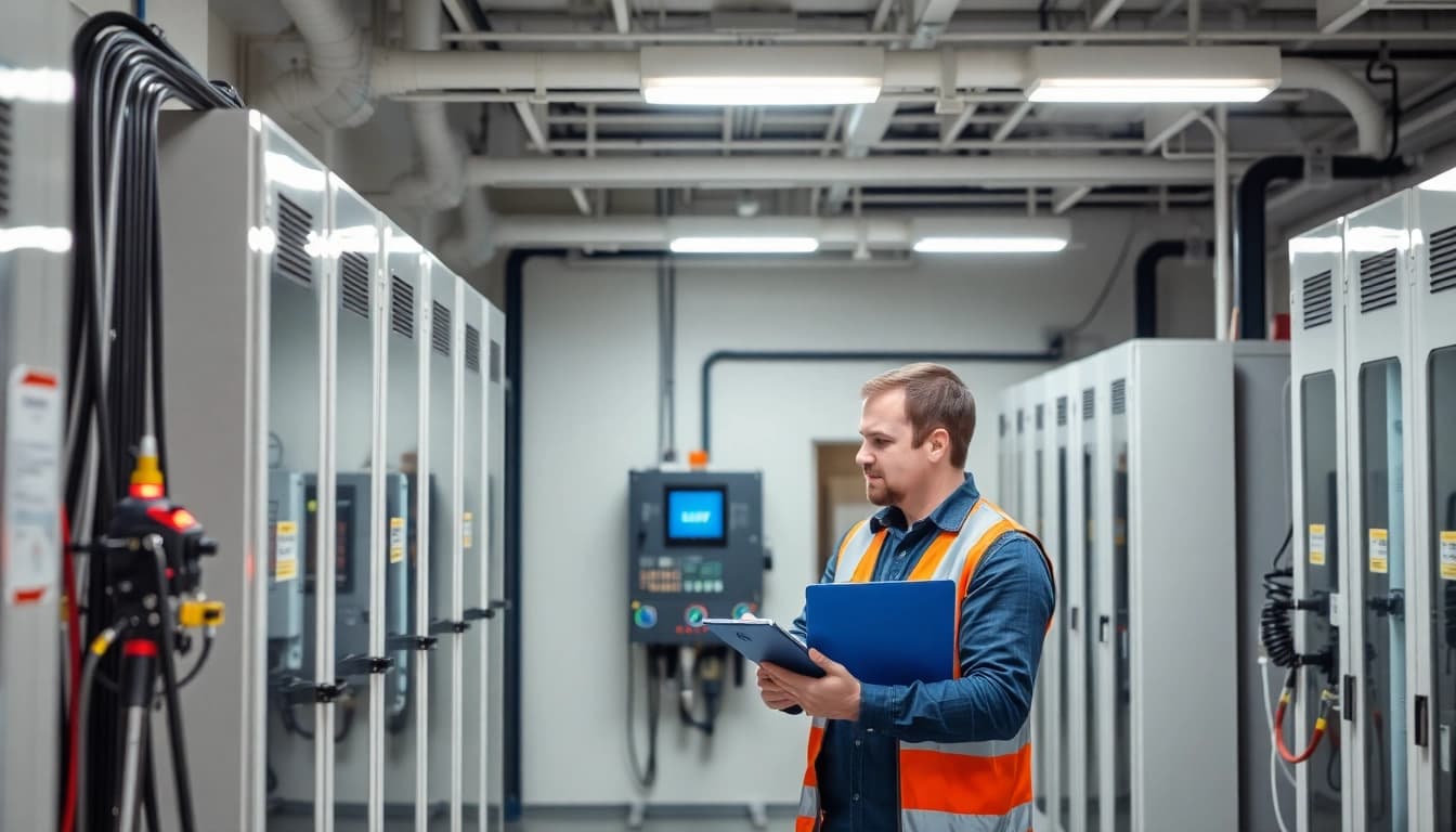 Technician performing a DGUV V3 Prüfung on electrical equipment in a professional environment.