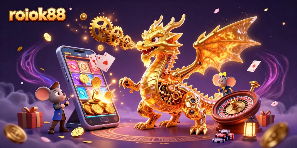 Experience the thrill of rokok88 with a golden dragon surrounded by vibrant casino elements and dynamic gameplay.