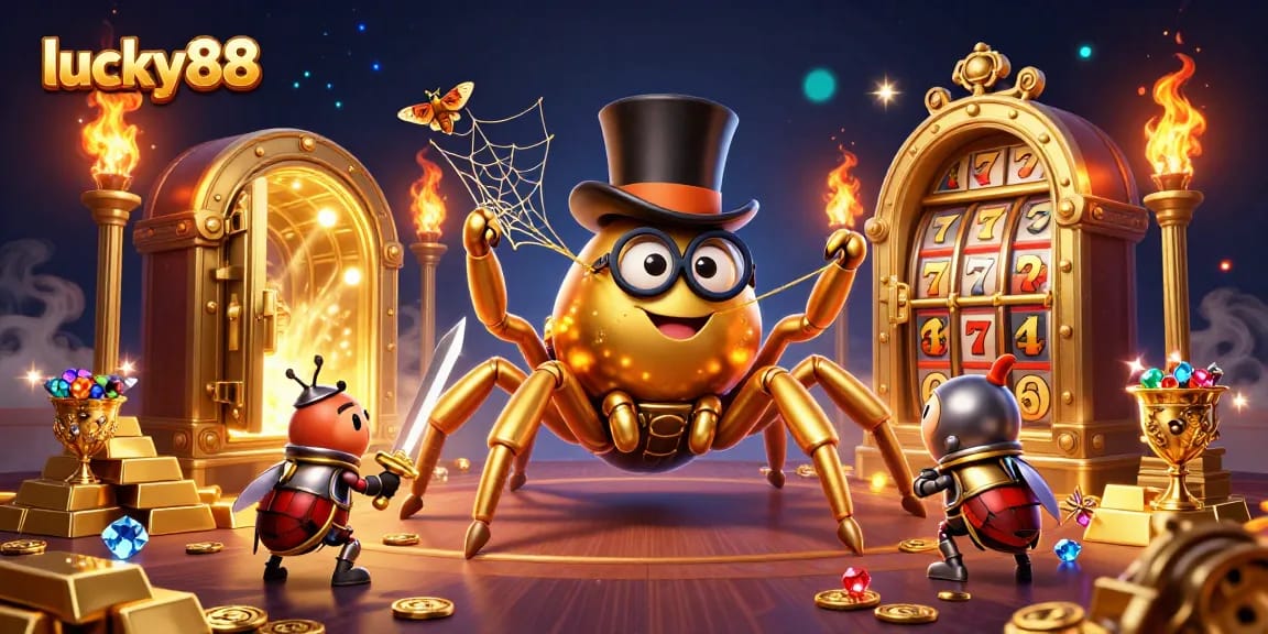 Spin into excitement with lucky88's vibrant 3D casino scene featuring a golden tarantula and beetle knight.