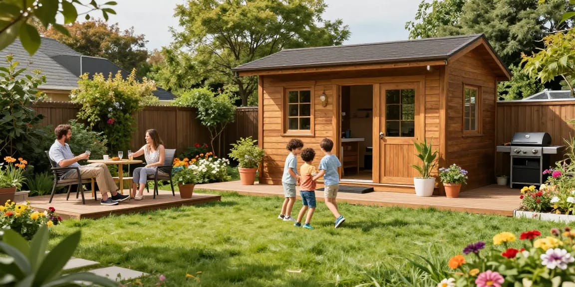 Gartenhaus kaufen für die ganze Familie - Kinder spielen vor dem neuen Gartenhaus, während Eltern entspannen.