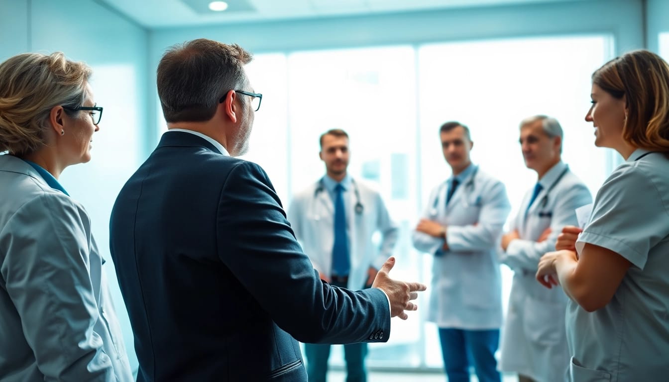 Headhunter Gesundheitswesen im Austausch mit Klinikleitern in Besprechungsraum.