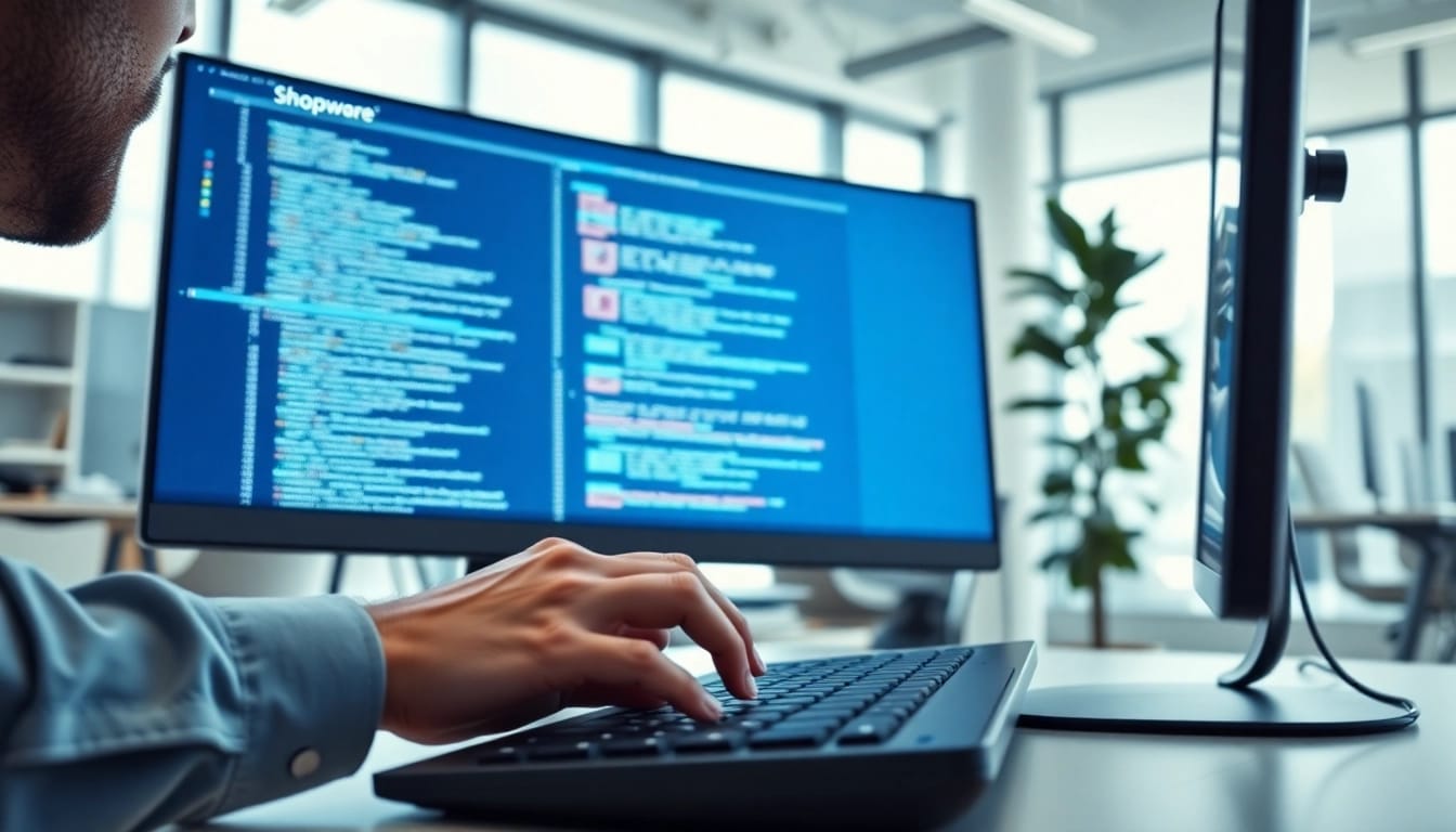 Shopware Entwickler arbeitet an einem Computer in einer modernen Büroumgebung.