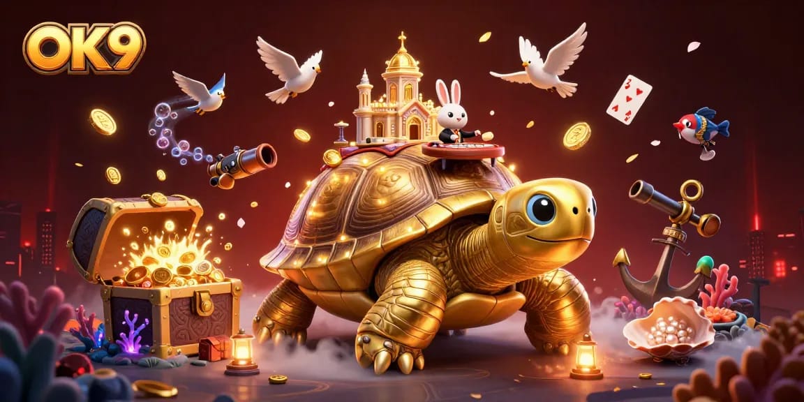 Experience the thrill of OK9 casino games with a vibrant 3D illustration of a tortoise and dealer.